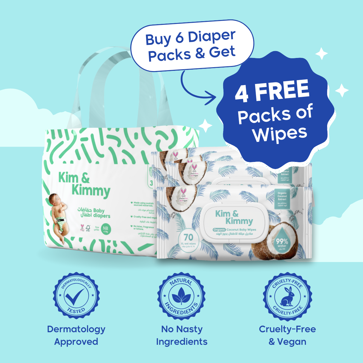 Monthly Supply: 6x Pack of Rash-Free Diapers And Get 4 FREE Packs of Wipes!