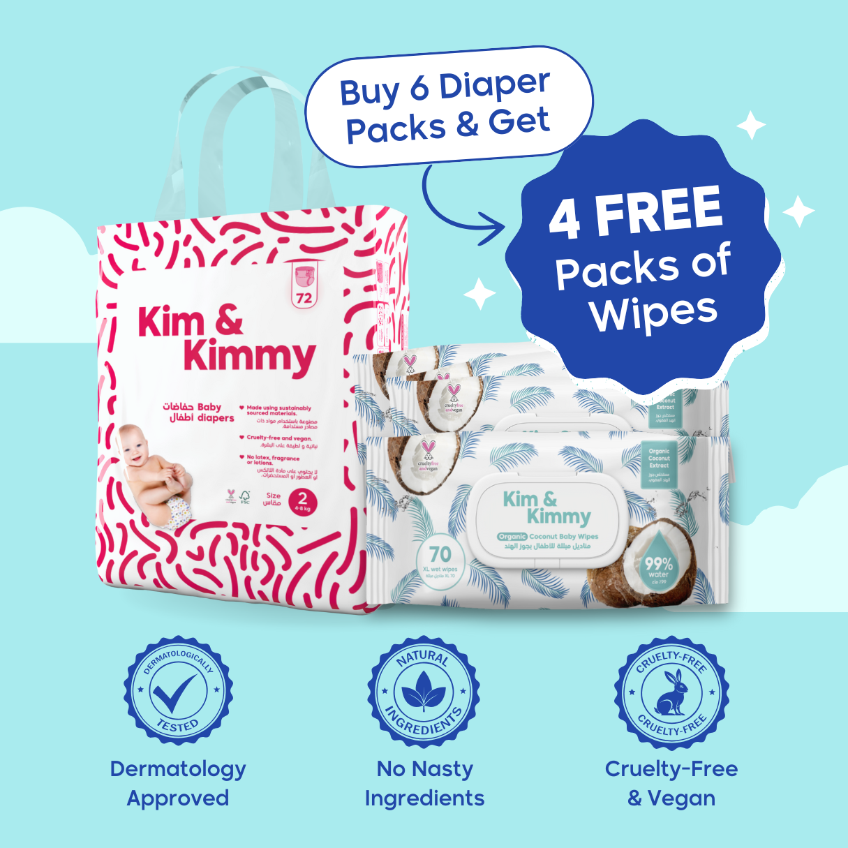 Monthly Supply: 6x Pack of Rash-Free Diapers And Get 4 FREE Packs of Wipes!