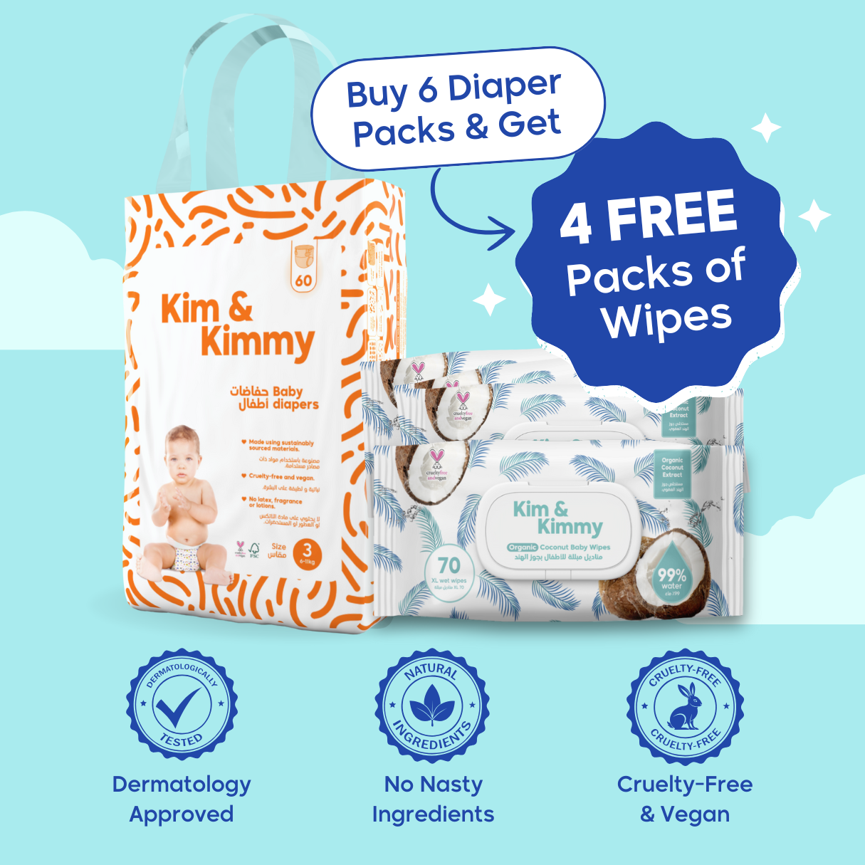 Monthly Supply: 6x Pack of Rash-Free Diapers And Get 4 FREE Packs of Wipes!