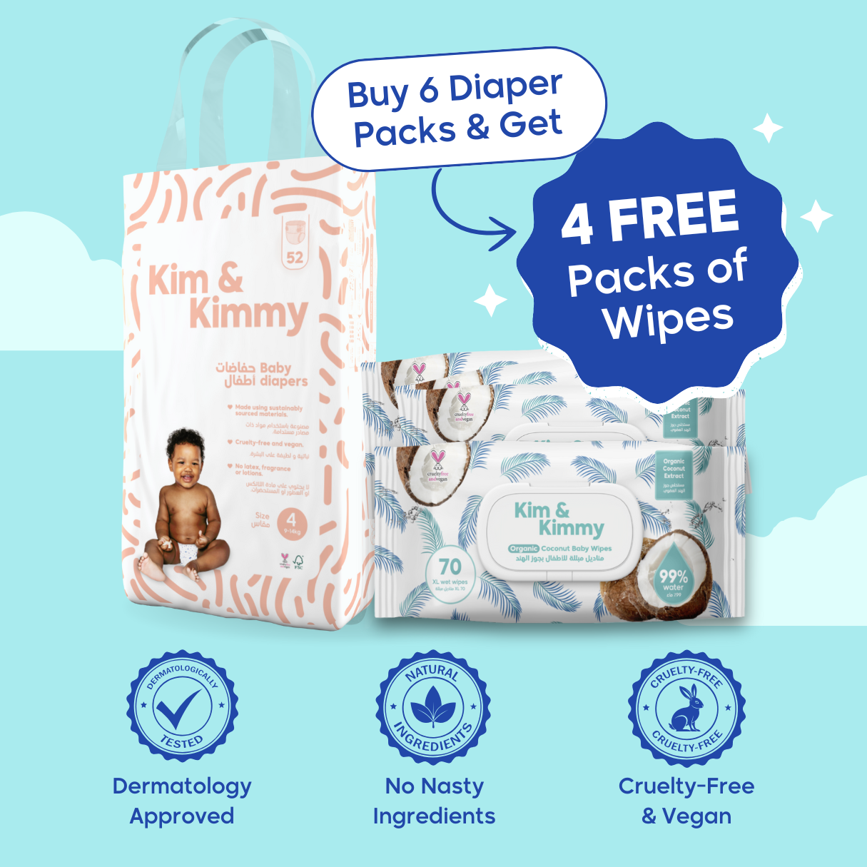Monthly Supply: 6x Pack of Rash-Free Diapers And Get 4 FREE Packs of Wipes!