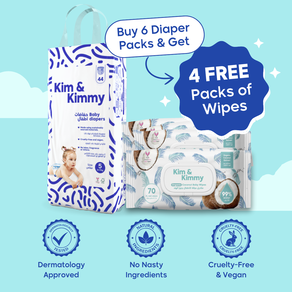 Monthly Supply: 6x Pack of Rash-Free Diapers And Get 4 FREE Packs of Wipes!
