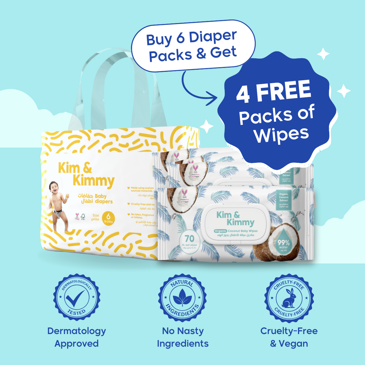 Monthly Supply: 6x Pack of Rash-Free Diapers And Get 4 FREE Packs of Wipes!